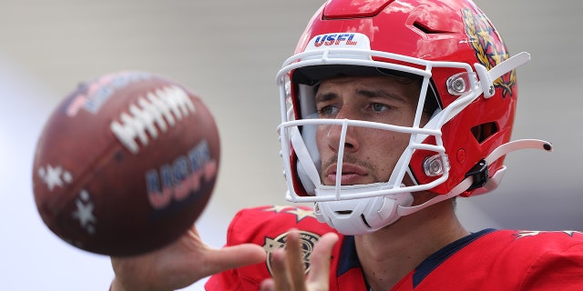 Luis Perez #2 of the New Jersey Generals catches the ball in the third quarter of the game against the Philadelphia Stars at Legion Field on June 18, 2022 in Birmingham, Alabama.