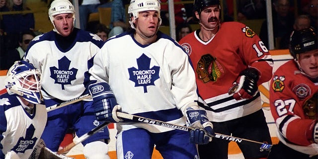 Peter Ing #1, Al Iafrate #33 and Luke Richardson #2 of the Toronto Maple Leafs skate agains Michel Goulet #16 and Jeremy Roenick #27 of the Chicago Blackhawks during NHL game action on December 8, 1990 at Maple Leaf Gardens in Toronto, Ontario Canada.