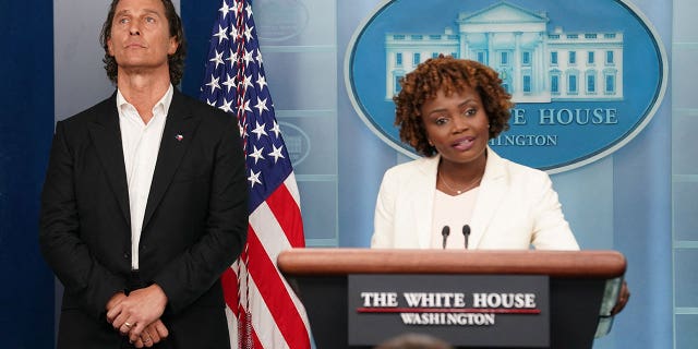 White House Press Secretary Karine Jean-Pierre introduces actor Matthew McConaughey, a native of Uvalde, Texas as well as a father and a gun owner, to speak to reporters about mass shootings in the United States during a press briefing at the White House in Washington, U.S., June 7, 2022.