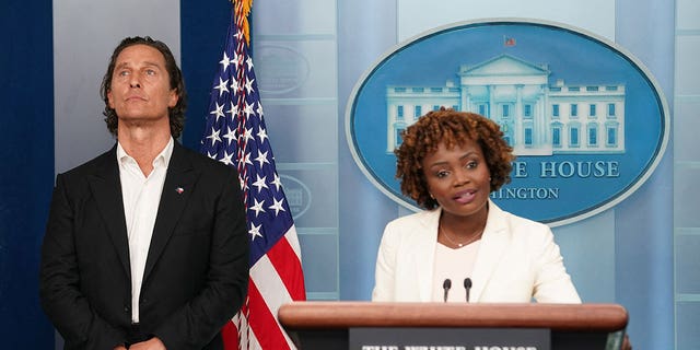 Press secretary Karine Jean-Pierre introduces actor Matthew McConaughey during a briefing at the White House on June 7, 2022.