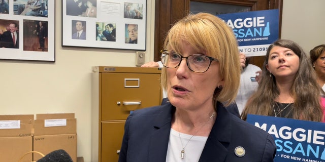 Democratic Sen. Maggie Hassan of New Hampshire speaks with reporters after filing for re-election, on June 10, 2022, in Concord, New Hampshire.
