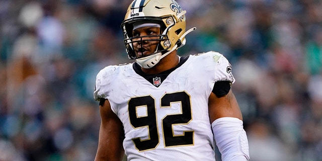 New Orleans Saints defensive end Marcus Davenport waits for a play during a game against the Philadelphia Eagles Nov. 21, 2021, in Philadelphia. 