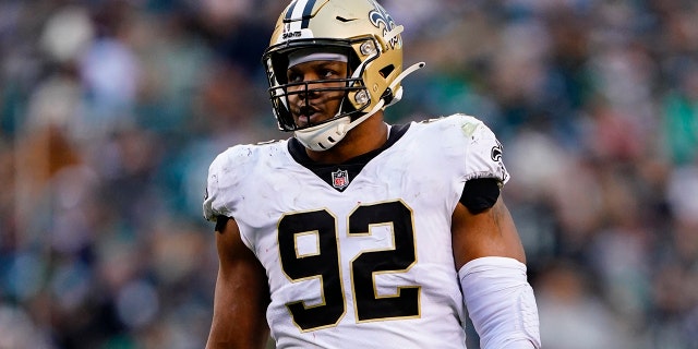 New Orleans Saints defensive end Marcus Davenport waits for a play during a game against the Philadelphia Eagles Nov. 21, 2021, in Philadelphia.