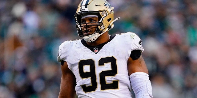 New Orleans Saints defensive end Marcus Davenport waits for a play during a game against the Philadelphia Eagles Nov. 21, 2021, in Philadelphia. 