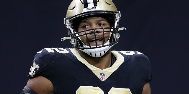 The defensive end of New Orleans Saints Marcus Davenport in the second quarter against the Carolina Panthers at the Caesars Superdome in New Orleans, January 2, 2022.