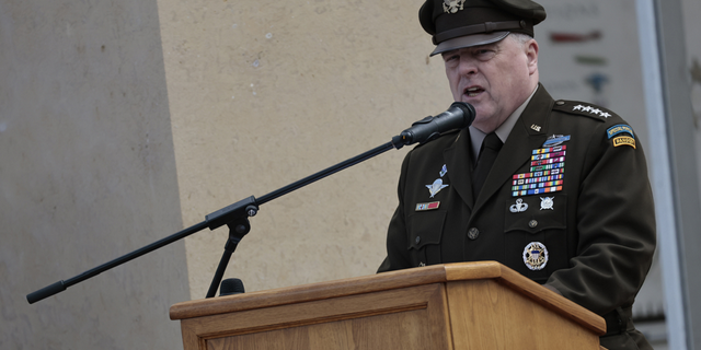 Army Gen. Mark Milley, chairman of the Joint Chiefs of Staff, delivers his speech during the 78th anniversary of D-Day ceremony, in the Normandy American Cemetery and Memorial of Colleville-sur-Mer, overlooking Omaha Beach, on Monday, June 6.