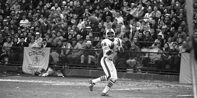 FILE - Buffalo Bills wide receiver Marlin Briscoe takes a forward pass from quarterback Dennis Shaw during an NFL football game in Baltimore, on Nov. 15, 1970.