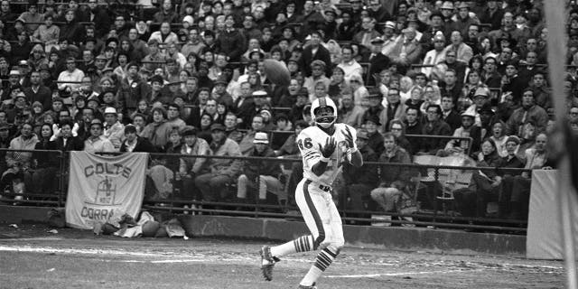 FILE - Buffalo Bills wide receiver Marlin Briscoe takes a forward pass from quarterback Dennis Shaw during an NFL football game in Baltimore, on Nov. 15, 1970.