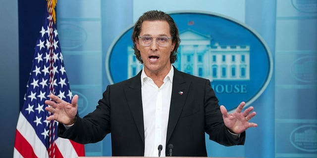 Matthew McConaughey, a native of Uvalde, Texas, speaks to reporters about mass shootings in the United States during a press briefing at the White House, June 7, 2022. 