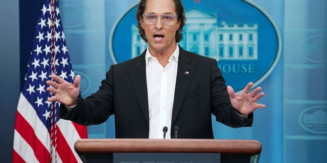 Actor Matthew McConaughey, a native of Uvalde, Texas as well as a father and a gun owner, speaks to reporters about mass shootings in the United States during a press briefing at the White House in Washington, June 7, 2022.