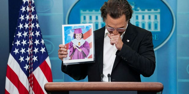 McConaughey, a native of Uvalde, Texas as well as a father and a gun owner, became emotional as he holds up a picture of 10-year-old victim Alithia Ramirez from the Uvalde school shooting.