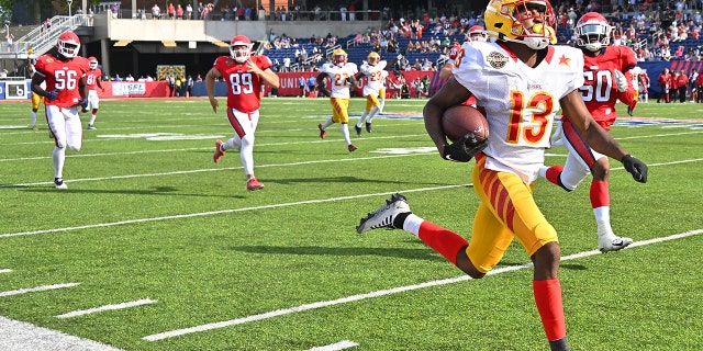 Maurice Alexander (13) of the Philadelphia Stars returns a punt for a touchdown in the fourth quarter against the New Jersey Generals at Tom Benson Hall of Fame Stadium June 25, 2022, in Canton, Ohio.