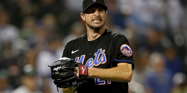 Max Scherzer of the New York Mets reacts against the Seattle Mariners at Citi Field May 13, 2022, in the Flushing neighborhood of Queens, N.Y.