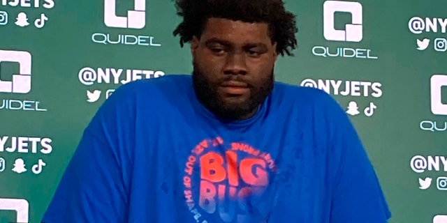 New York Jets offensive tackle Mekhi Becton speaks to reporters at the teams NFL football facility in Florham Park, N.J., Wednesday, June 15, 2022. The offensive tackle knows he is being written off by many, but insists he's going to make all of his critics "eat their words."