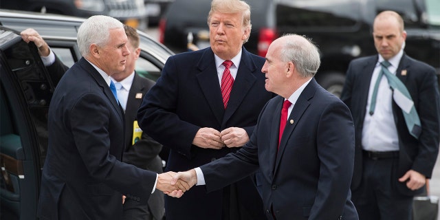 President Donald Trump and Vice President Mike Pence greet Senate Sergeant at Arms Michael Stenger, right, upon arriving to the Capitol to attend the Senate Republican policy luncheons on Jan. 9, 2019.