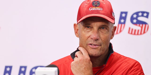 Head coach Mike Riley of the New Jersey Generals talks with reporters after defeating the Michigan Panthers 25-23 at Protective Stadium June 11, 2022, in Birmingham, Ala. 