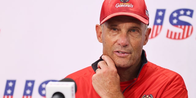 Head coach Mike Riley of the New Jersey Generals talks with reporters after defeating the Michigan Panthers 25-23 at Protective Stadium June 11, 2022, in Birmingham, Ala. 