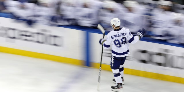 Mikhail Sergachev #98 of the Tampa Bay Lightning celebrates with teammates after scoring the go-ahead goal during the third period against the New York Rangers in Game Five of the Eastern Conference Final of the 2022 Stanley Cup Playoffs at Madison Square Garden on June 09, 2022 in New York City.