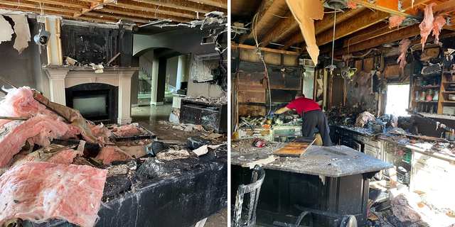 The damage to the home's living room and kitchen following the fire.