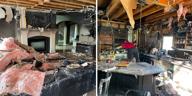 The damage to the home's living room and kitchen following the fire.