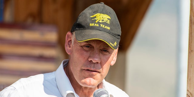 Republican Ryan Zinke, a contender for Montana's second congressional seat, speaks at the ceremony to honor the four airman killed in a 1962 B-47 crash at 8,500 feet on Emigrant Peak on July 24, 2021, in Emigrant, Montana.