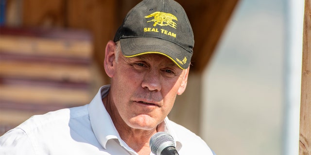 Republican Ryan Zinke, a contender for Montana's second congressional seat, speaks at the ceremony to honor the four airmen killed in a 1962 B-47 crash at 8,500 feet on Emigrant Peak on July 24, 2021, in Emigrant, Montana. (Photo by William Campbell/Getty Images)