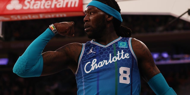 Montrezl Harrell #8 of the Charlotte Hornets in action against the New York Knicks at Madison Square Garden on March 30, 2022 in New York City.