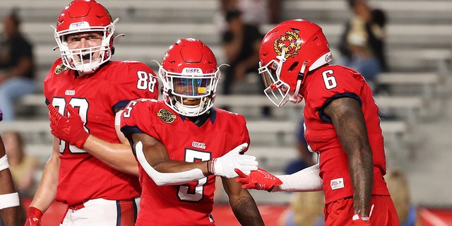KaVontae Turpin of the New Jersey Generals celebrates scoring a touchdown against the Pittsburgh Maulers at Legion Field on June 3, 2022, in Birmingham, Alabama.