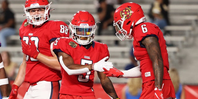 KaVontae Turpin of the New Jersey Generals celebrates scoring a touchdown against the Pittsburgh Maulers at Legion Field on June 3, 2022, in Birmingham, Alabama.