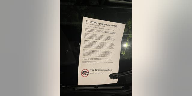 The pamphlet that activists with the group Tyre Extinguishers left on SUVs in New York City on Tuesday.