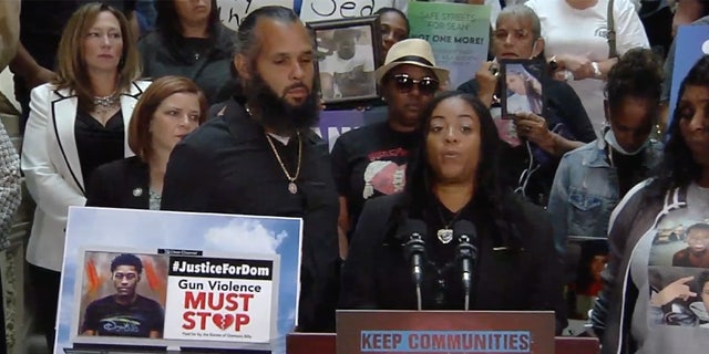 Nakisha Lewis called for the impeachment of Philadelphia District Attorney Larry Krasner Tuesday at a press conference. Her son, Domonic Billa, was murdered at a mall in March 2021.