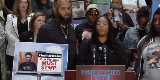 Nakisha Lewis called for the impeachment of Philadelphia District Attorney Larry Krasner Tuesday at a press conference. Her son, Domonic Billa, was murdered at a mall in March 2021.