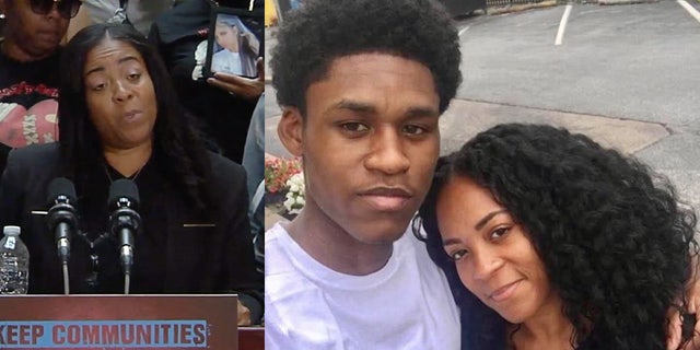 A photo combination of Nakisha Lewis calling for the impeachment of Philadelphia District Attorney Larry Krasner (aan die linkerkant) after her son, Domonic Billa (pictured on the right) was murdered.