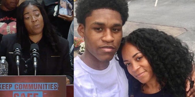 A photo combination of Nakisha Lewis calling for the impeachment of Philadelphia District Attorney Larry Krasner (on the left) after her son, Domonic Billa (pictured on the right) was murdered.