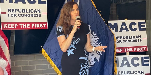 Rep. Nancy Mace speaks to supporters at a campaign event in Summerville, South Carolina, on June 12, 2022.