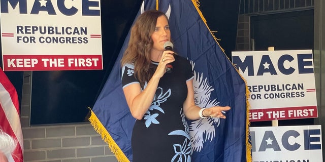 South Carolina Republican Nancy Mace speaks with supporters at a campaign event in Summerville, South Carolina on June 12, 2022.