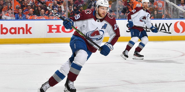 Nathan MacKinnon of the Colorado Avalanche skates during the Stanley Cup playoffs against the Oilers on June 6, 2022, at Rogers Place in Edmonton, Alberta.