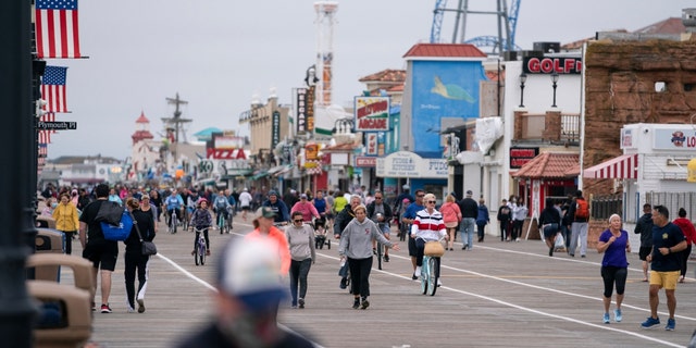 After the COVID-19 restrictions have been lifted on May 25, 2020 in time for Memorial Day's weekend in Ocean City, NJ, a large number of people will ride their bikes on the promenade. 
