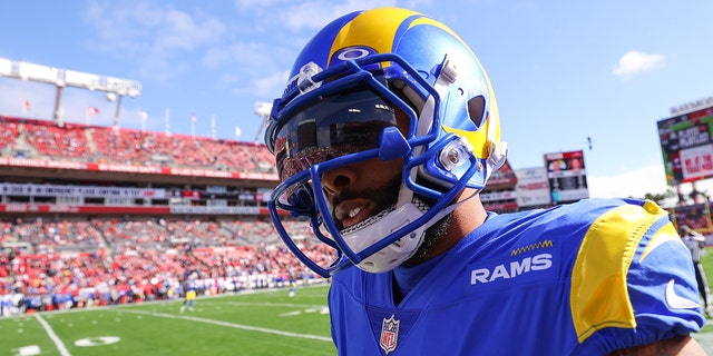 Odell Beckham Jr. of the Los Angeles Rams looks on before the NFC Divisional Playoff game against the Buccaneers at Raymond James Stadium on Jan. 23, 2022, in Tampa, Florida.