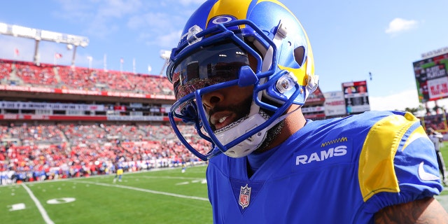 Odell Beckham Jr. of the Los Angeles Rams looks on before the NFC Divisional Playoff game against the Buccaneers at Raymond James Stadium on Jan. 23, 2022, in Tampa, Florida.