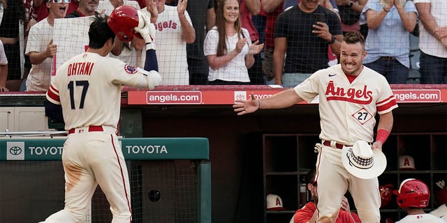 Los Angeles Angels Mike Trout (right) to Shohei Ohtani to celebrate Otani's home run during three innings of a team baseball game with Chicago White Socks on Tuesday, June 28, 2022 in Anaheim, California. Reach out. 