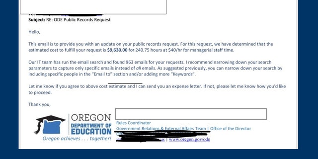 Oregon Department of Education quotes parent a fee of $  9,630 for a public records request.