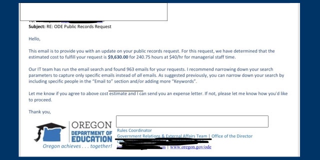 Oregon Department of Education quotes parent a fee of $9,630 for a public records request.