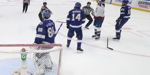 Pat Maroon #14 of the Tampa Bay Lightning reacts after a call in the second period of the game against the Tampa Bay Lightning in Game Six of the 2022 NHL Stanley Cup Final at Amalie Arena on June 26, 2022 in Tampa, Florida.