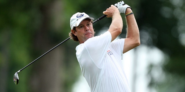 Paul Azinger watches his tee shot during the 91st PGA Championship at Hazeltine National Golf Club on Aug. 13, 2009, in Chaska, Minnesota.