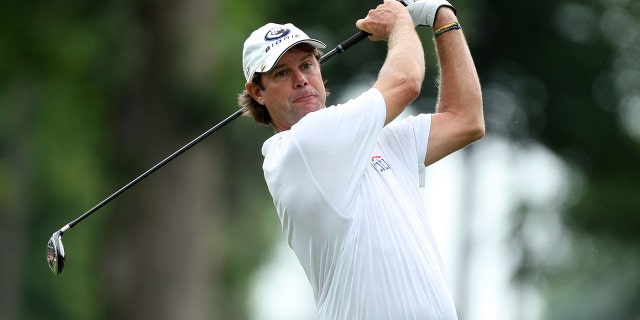 Paul Azinger watches his tee shot during the 91st PGA Championship at Hazeltine National Golf Club on Aug. 13, 2009, in Chaska, Minnesota.