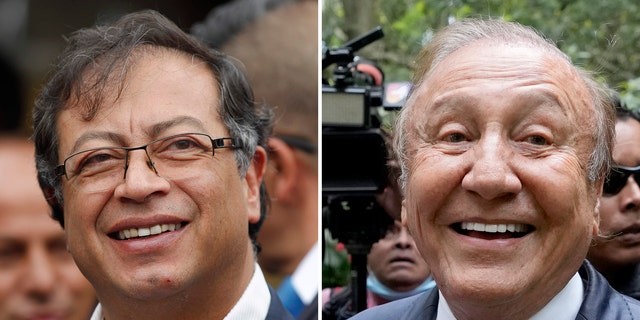 This combination of photos shows Colombian presidential candidates Gustavo Petro, left, June 17, 2018, and Rodolfo Hernández on June 2, 2022, in Bogota, Colombia.