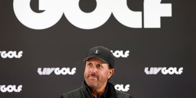 Phil Mickelson attends a press conference ahead of the LIV Golf Invitational Series, Wednesday June 8, 2022 at Centurion Club, Hertfordshire, England.