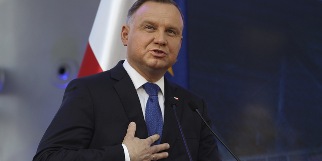 Polish President Andrzej Duda speaks at a news conference in Konstancin-Jeziorna, Poland, on Thursday, June 2.