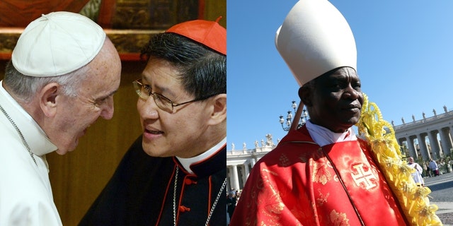 Left: Pope Francis with Luis Antonio Gokim Tagle. Right: Peter Kodwo Appiah Turkson.
